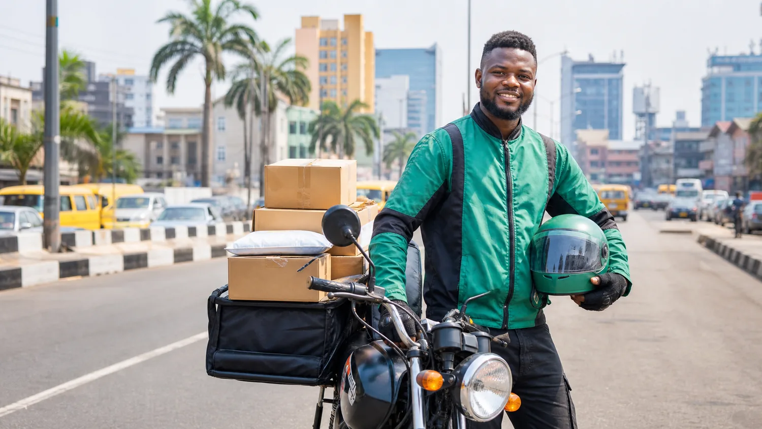 Nigerian dispatch rider with grouped parcels beside a motorbike