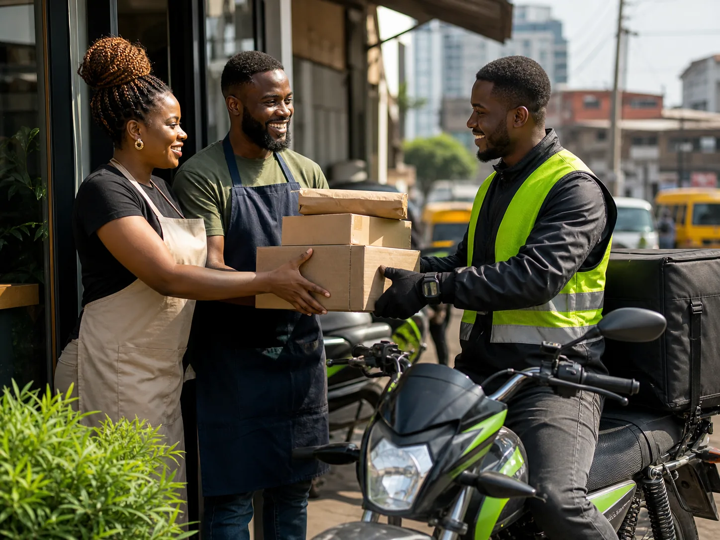 Nigerian vendors handing grouped parcels to a dispatch rider